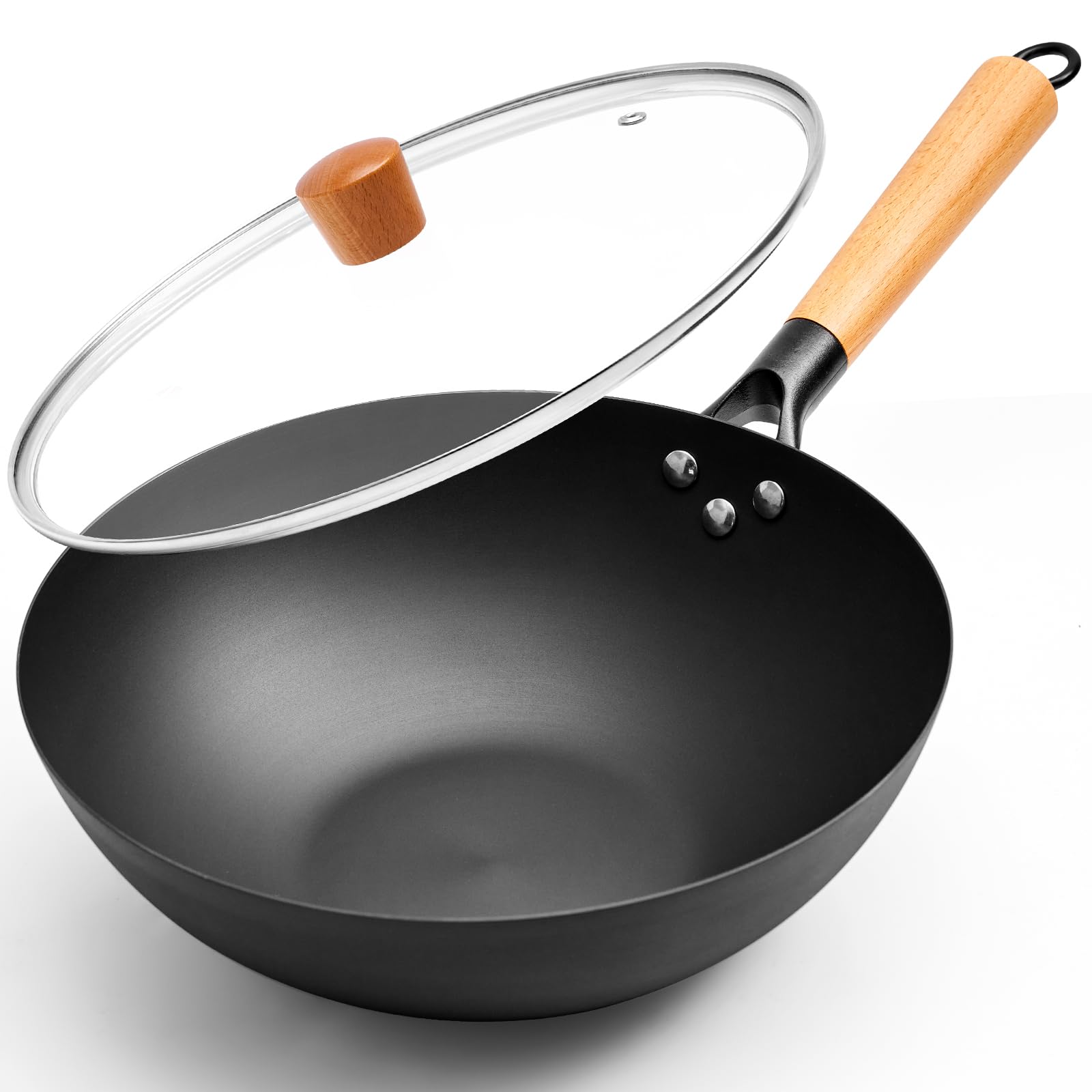 11.8 Inch Carbon Steel Wok, Flat Bottom Stir Fry Pan with Glass Lid, Uncoated High-Purity Iron Wok for Family Meals, Compatible with Gas, Electric & Induction Cooktops