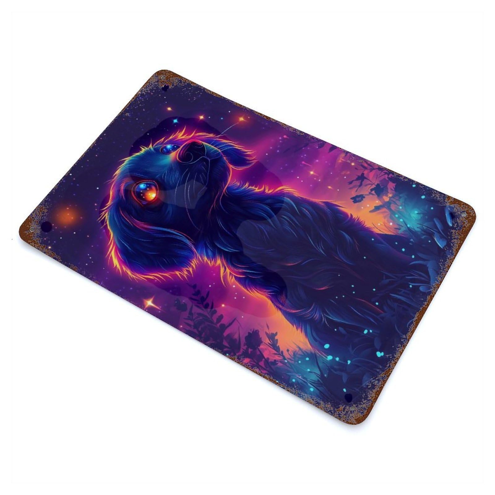 Garage Style Neon Puppy Under Stars Aged Metal Wall Plaque 11.8"x7.9", Farmhouse Wall Decor for Bar And Workshop
