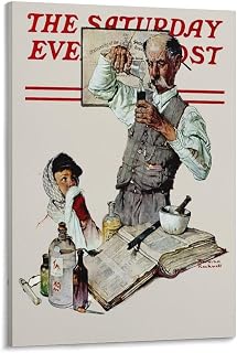 40+Norman Rockwell Illustration Art Pharmacist (Apothecary, Druggist And Boy with A Cold) Poster Canvas Artwork Prints Rustic Farmhouse Decorations for Living Room Bathroom Bedroom Framed 12x18inch