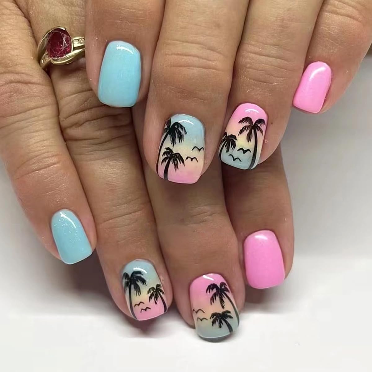 24 Pcs Summer Press on Nails Short Square, ZIFANHU Hawaii Coconut Tree Fake Nails Press ons Beach Nail Tips Glue on Nails Full Cover Acrylic Nail Kit