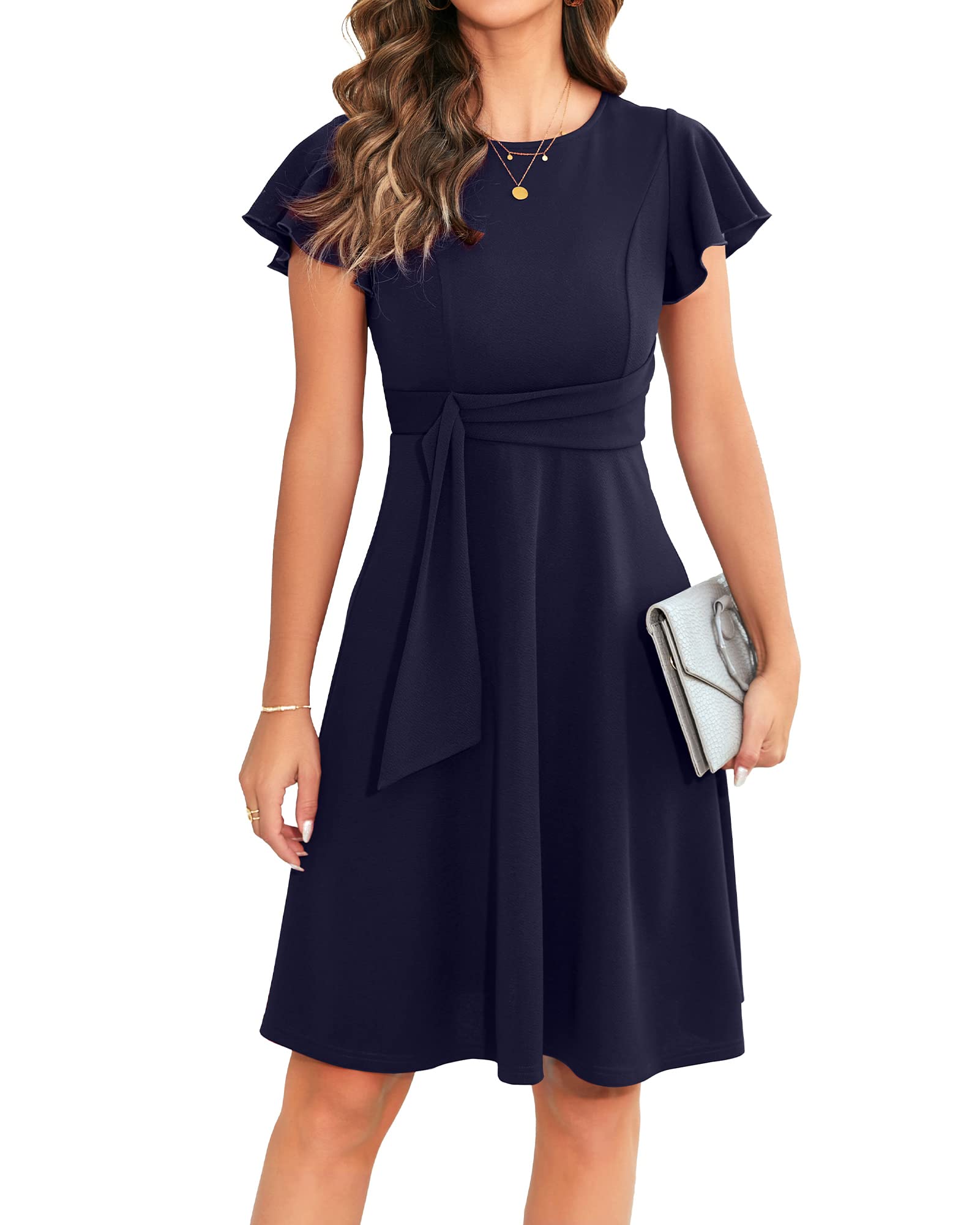 OWIN Womens 2023 Elegant Ruffle Sleeve Flared A Line Swing Casual Party Cocktail Dresses
