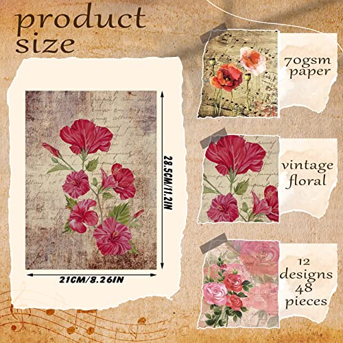 Perkoop 48 Sheets Decoupage Paper For Furniture 8.3 X 11.7 Inches Garden Floral Vintage Paper Decorative Decoupage Supplies Flower Design Decoupage Decor For Crafts Scrapbook, 12 Styles, Exquisite #TOP1