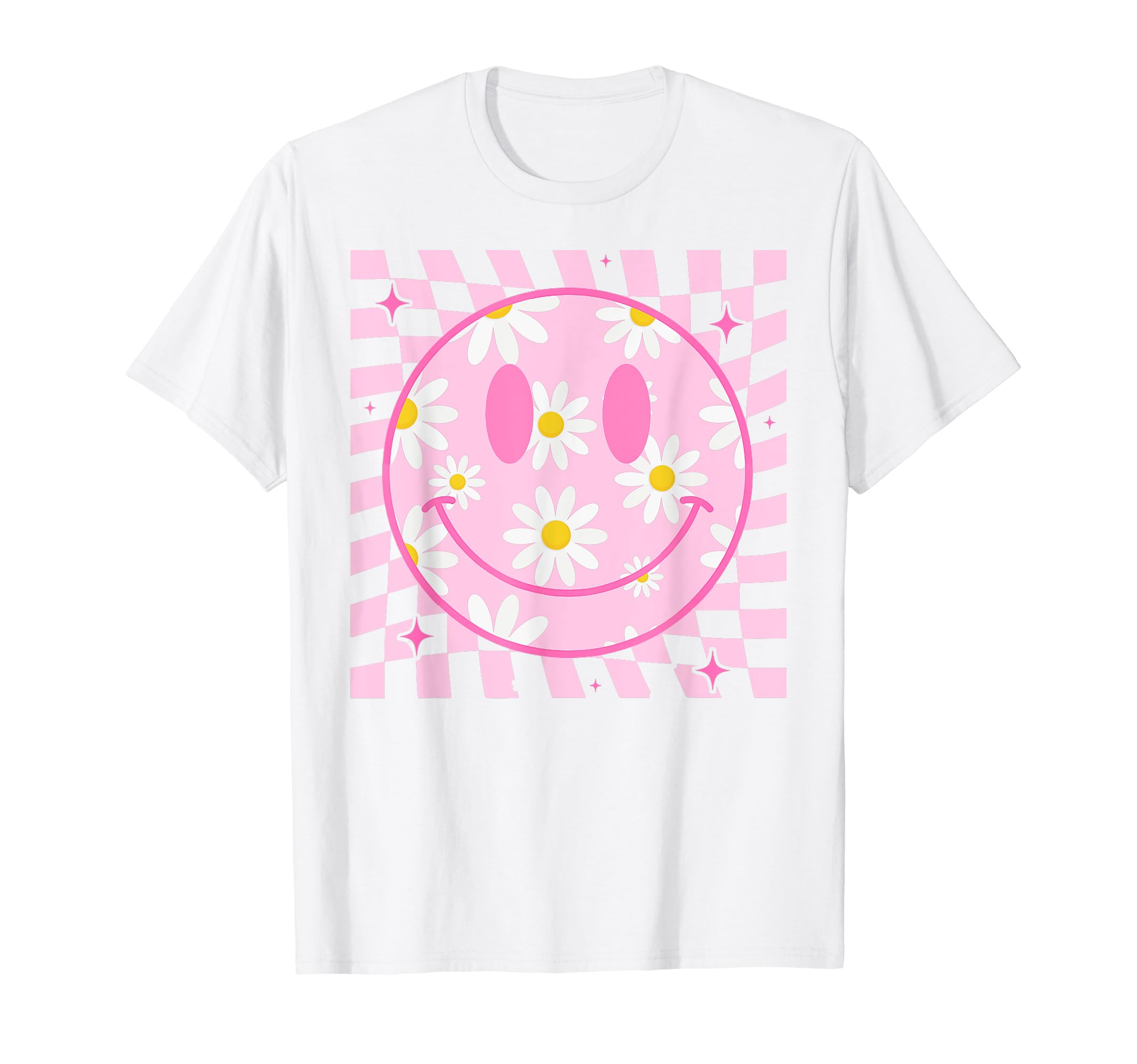 Retro Smile Face Checkered Pattern ShirtsRetro Happy Smile Face Checkered Pattern Pink Daisy Flower T-ShirtOEKO-TEX STANDARD 100