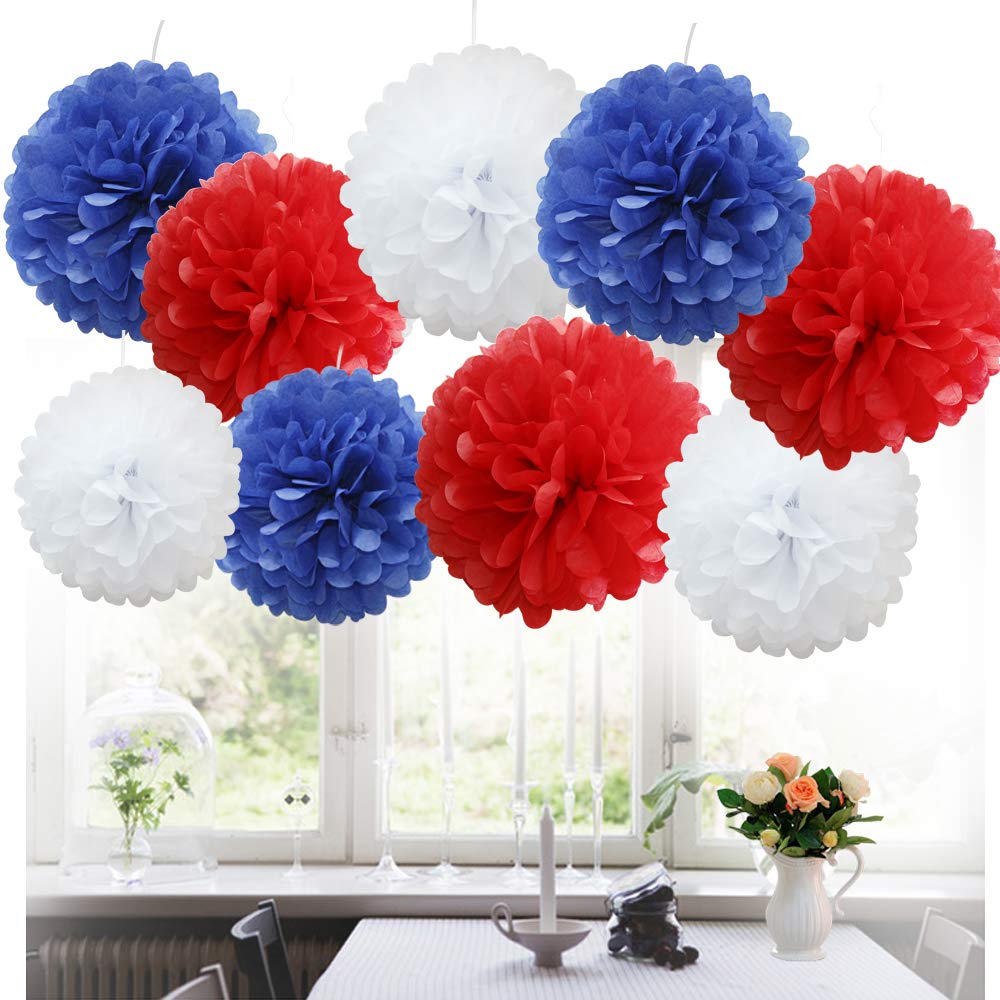 Time to Sparkle 9 Pack Mixed Tissue Paper Pompoms Pom Poms Flower Wedding Party Decoration (9X Poms-Red Shade)