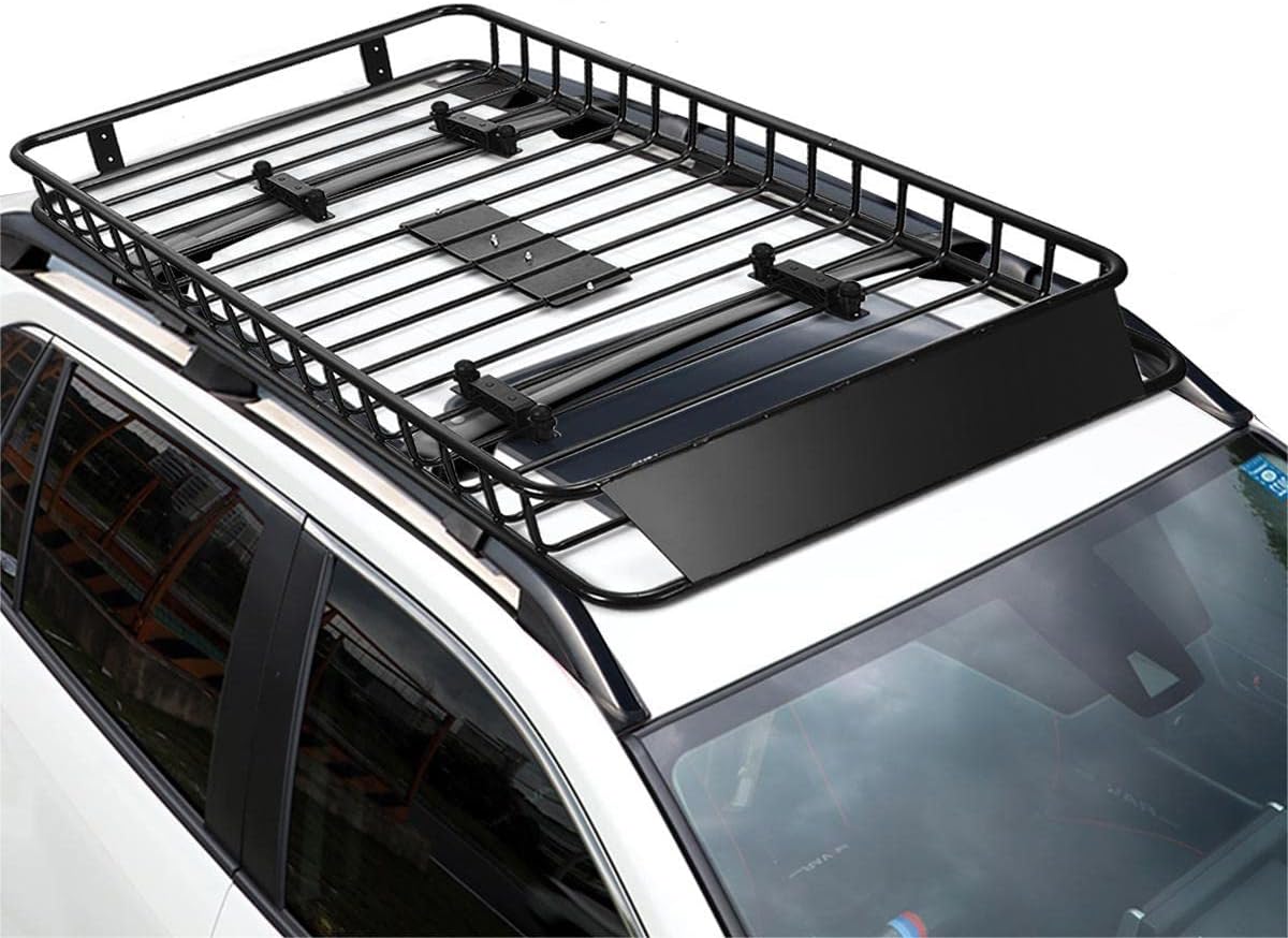TANGZON Steel Roof Rack Basket, Universal Luggage Cargo Carrier with Wind Fairing, Rooftop Luggage Holder for Car SUV & Truck (113KG Capacity，162 x 99 x 15cm)