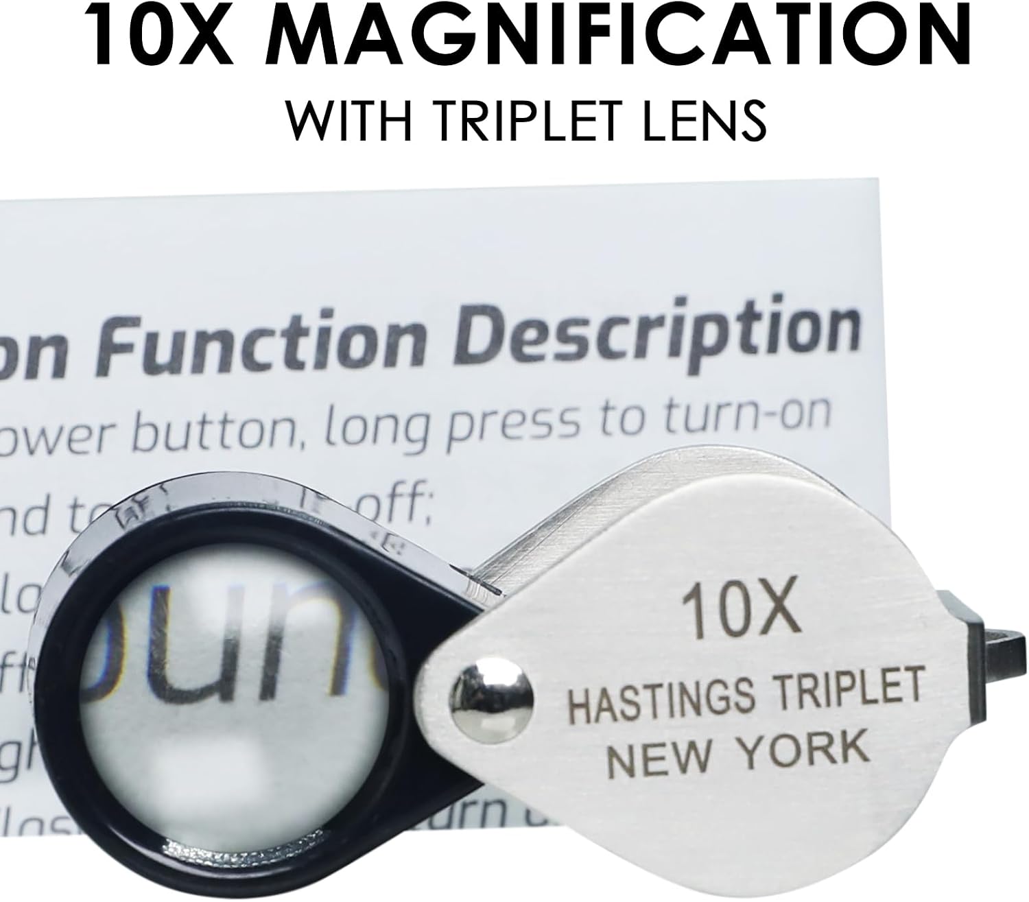 Hasting 10x Magnification Jewelry Triple Loupe 16mm Stainless Steel, Triplet Optic Glass Folding Magnifying Illuminated Lens Tool for Watch Repair Diamonds Coins Stamps Rings Glasses Earrings