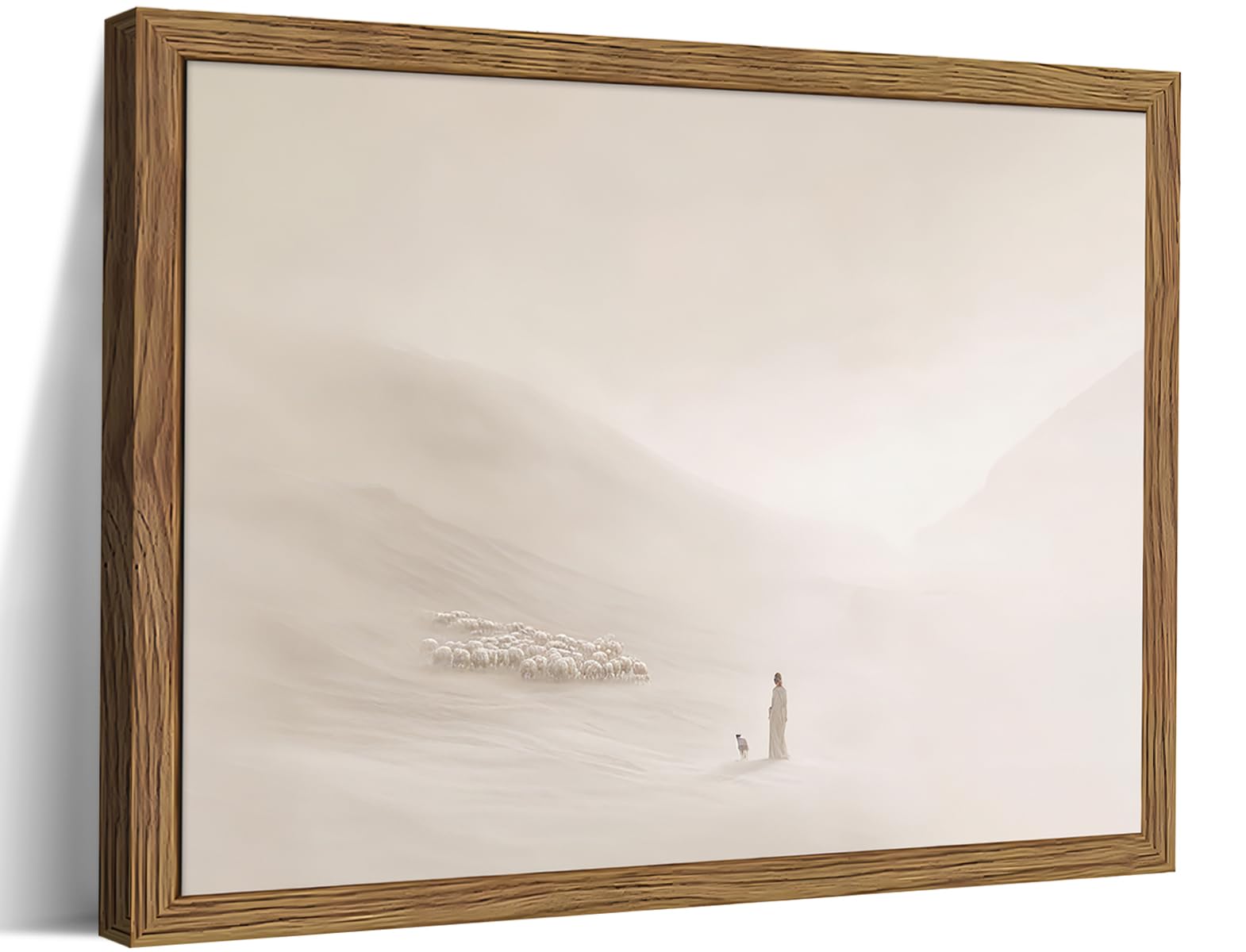 Framed Christian Wall Art, Jesus Leaves the 99 Sheep Picture Art Print, Vintage Religious Faithful Shepherd Painting, Modern Bible Canvas Wall Decor for Church Prayer Room Living Room 12x16 inch