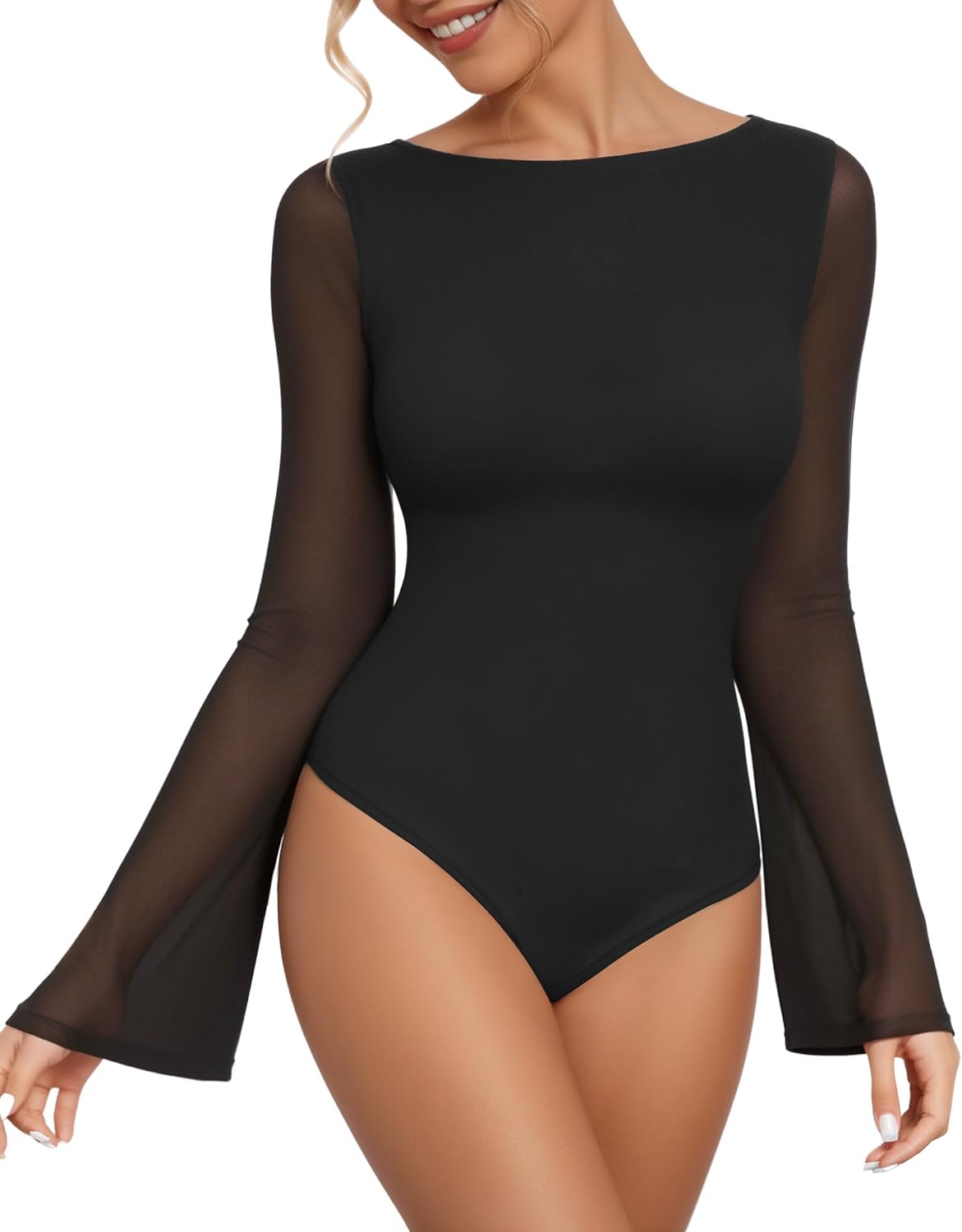MANGOPOP Women's Boat Neck Bell Sleeve Bodysuit Sexy Sheer Mesh Double Lined Body Suits Going Out Fall Tops 2025