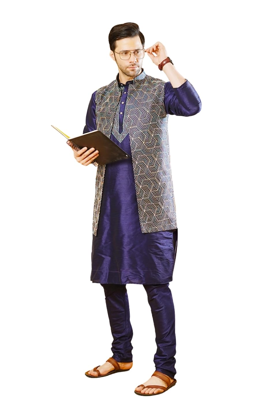 Men's RUBY SILK Blue Kurta Pyjama with Nehru Jacket-image-48