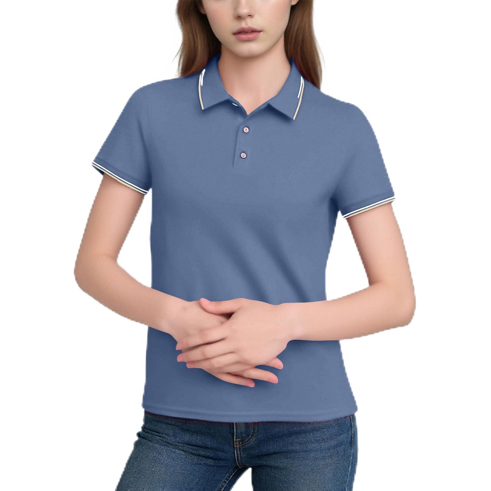 Polo Shirt for Women Short Sleeve Collared Casual Work Uniform Tops Classic Fit Button Down V Neck Tee Shirts