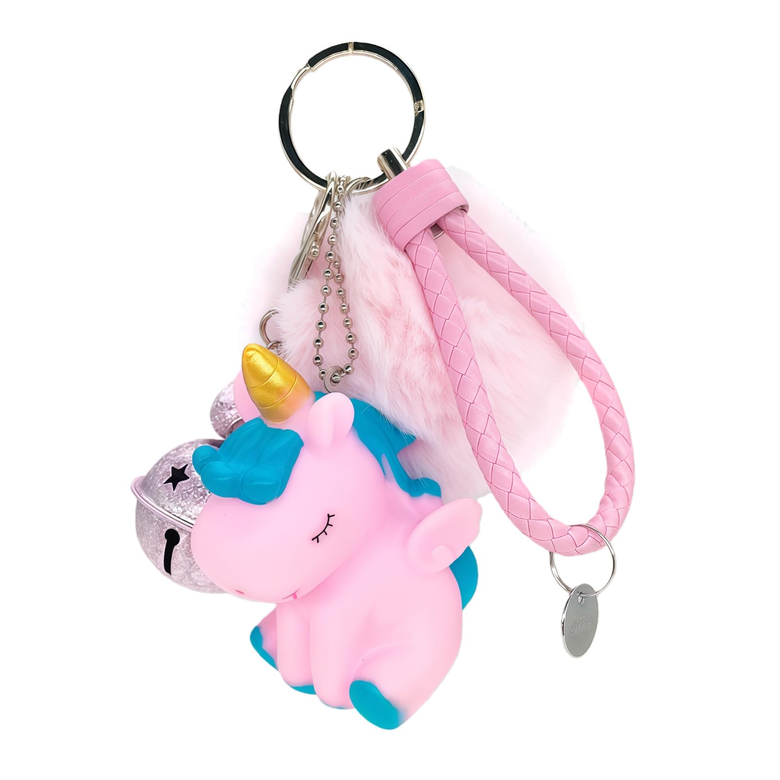 Unicorn Keychain Silicone Unicorn Keyring Pink Pom Pom Key Chain Purse Backpack Bag Charm Fluffy Plush Ball Car Keyring with Bell Pendant for Women Birthday Gift