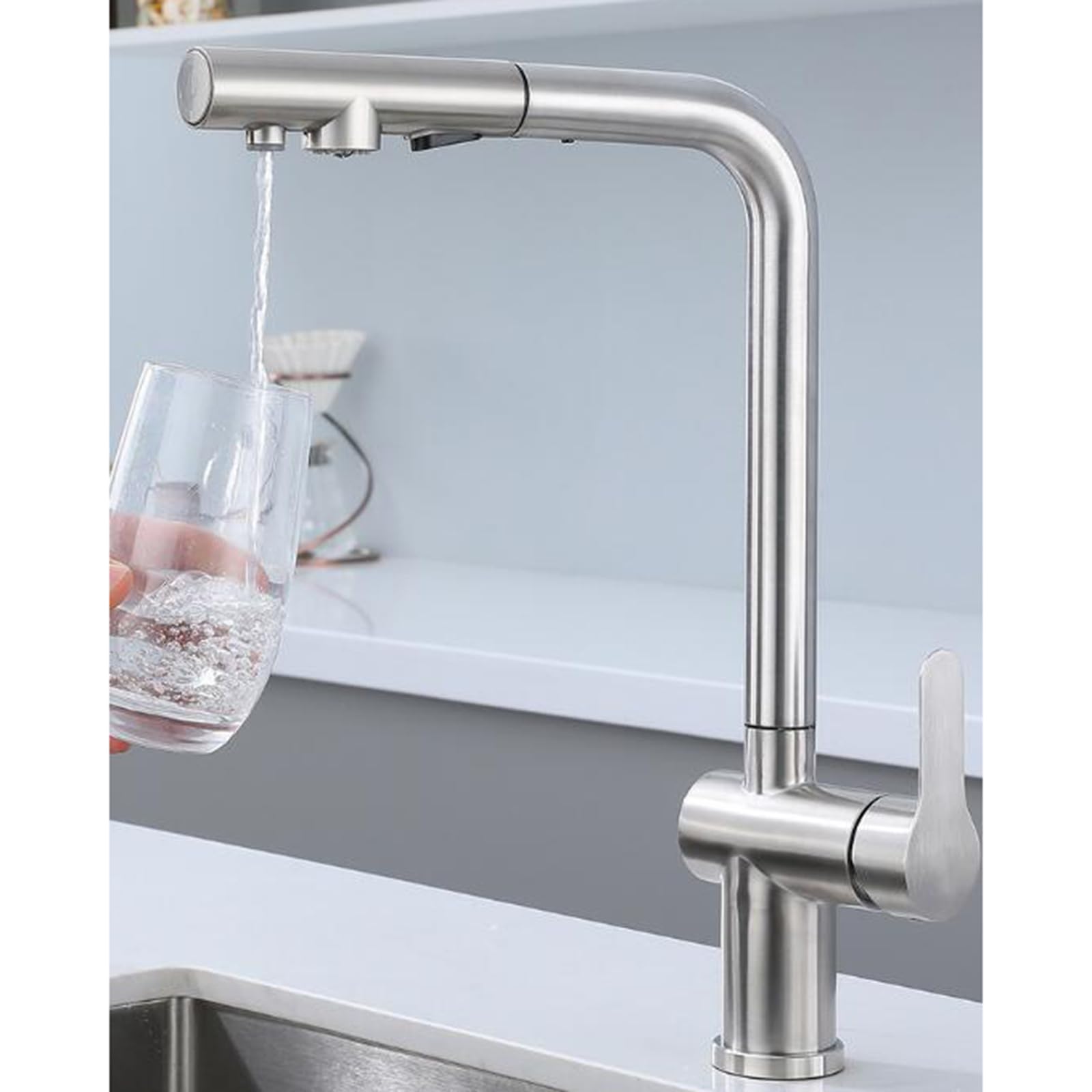 Grifo Osmosis 3 Vias Extraible Acero Inoxidable Cepillado Grifo 3 Vias Osmosis Extensible Girando-Cepillado