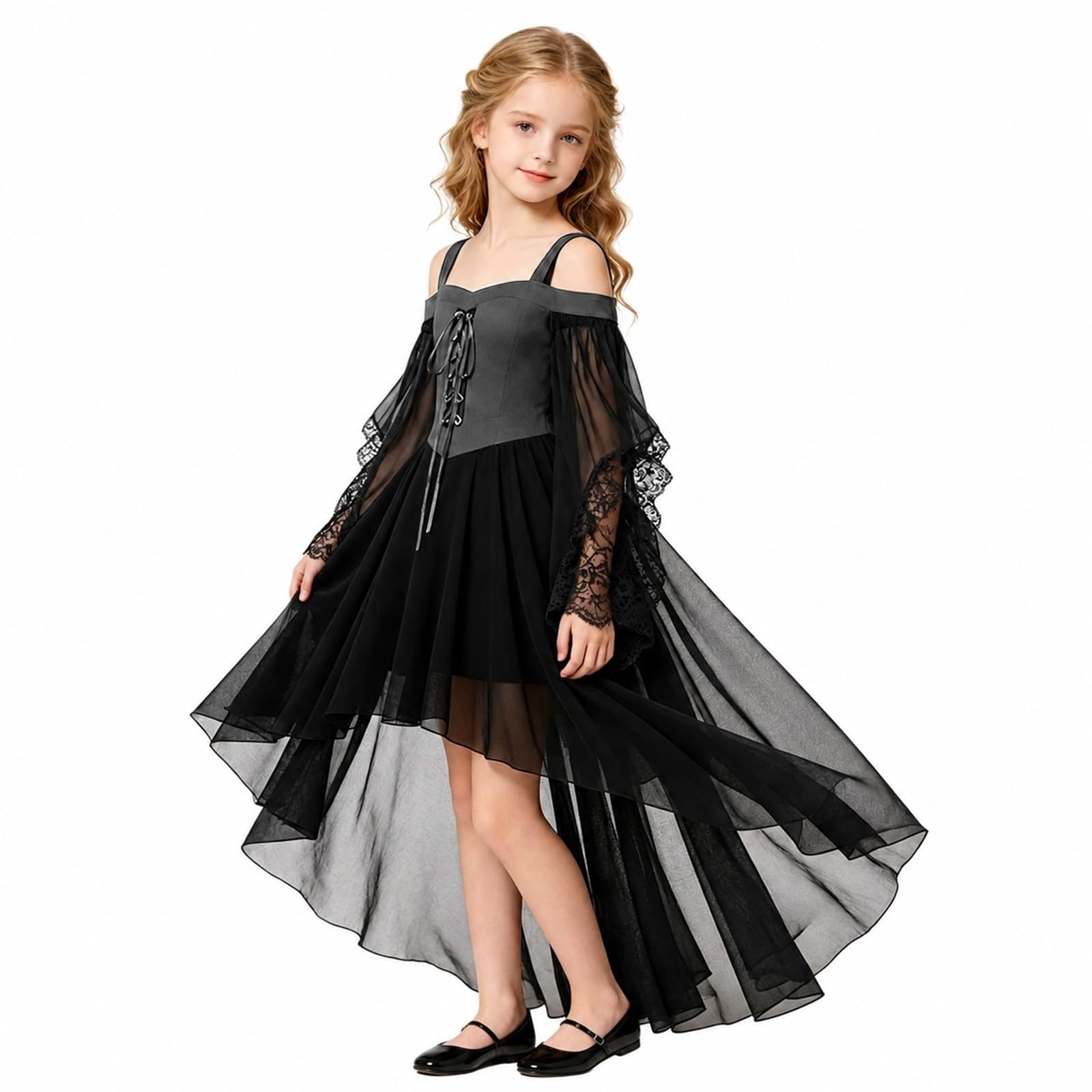 Vokuhila - Vestito medievale per Halloween, per bambine, gotico, cosplay | Vestito da principessa per bambini, a maniche lunghe, con spalle scoperte, in pizzo, stile vittoriano, vampiro, carnevale