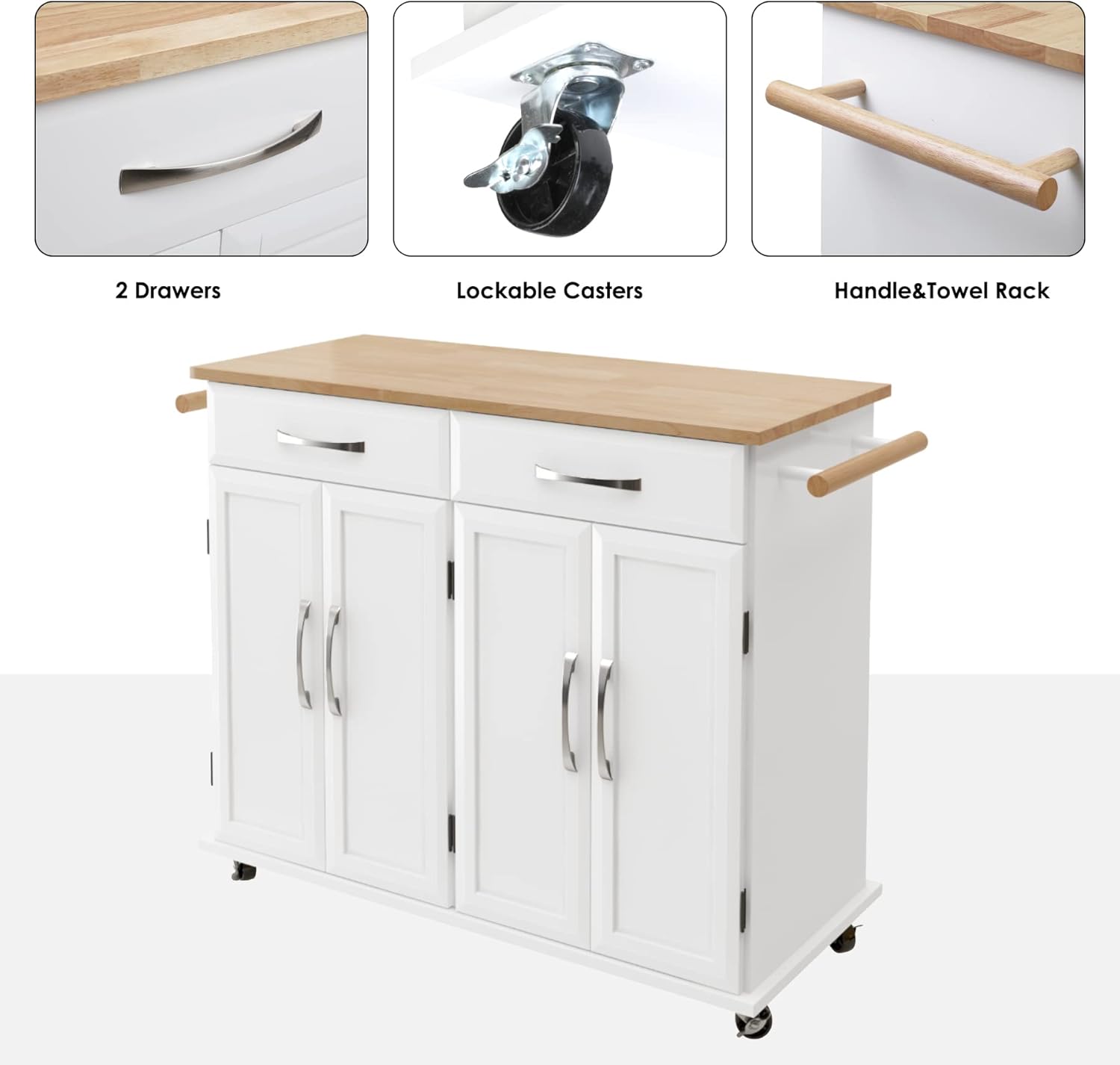 Kitchen Island Cart with Drawers and Large Storage Cabinet, Rolling Kitchen Cart with Adjustable Shelves, Lockable Casters, Rubber Wood Countertop, Easy to Assembly, White : Home & Kitchen