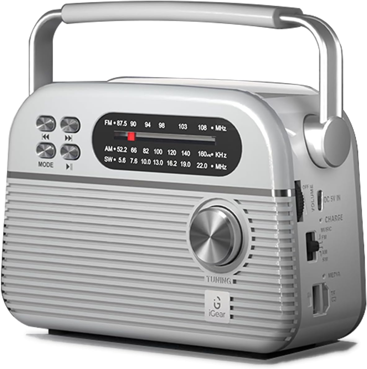 iGear Trinity Solar-Powered MP3 Player & 3-Band Radio with FM/AM/SW, Retro Modern Style, Bluetooth, USB, TF/SD Card, 1200 mAh Rechargeable Battery, Solar Charger, 1 Year Replacement Warranty (Silver)