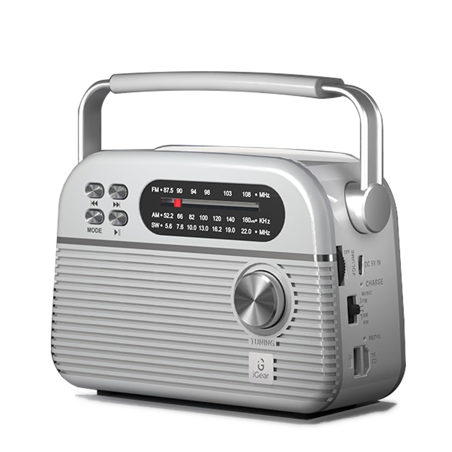 iGear Trinity Solar-Powered MP3 Player & 3-Band Radio with FM/AM/SW, Retro Modern Style, Bluetooth, USB, TF/SD Card, 1200 mAh Rechargeable Battery, Solar Charger, 1 Year Replacement Warranty (Silver) iGear Trinity Solar-Powered MP3 Player & 3-Band Radio with FM/AM/SW, Retro Modern Style, Bluetooth, USB, TF/SD Card, 1200 mAh Rechargeable Battery, Solar Charger, 1 Year Replacement Warranty (Silver)