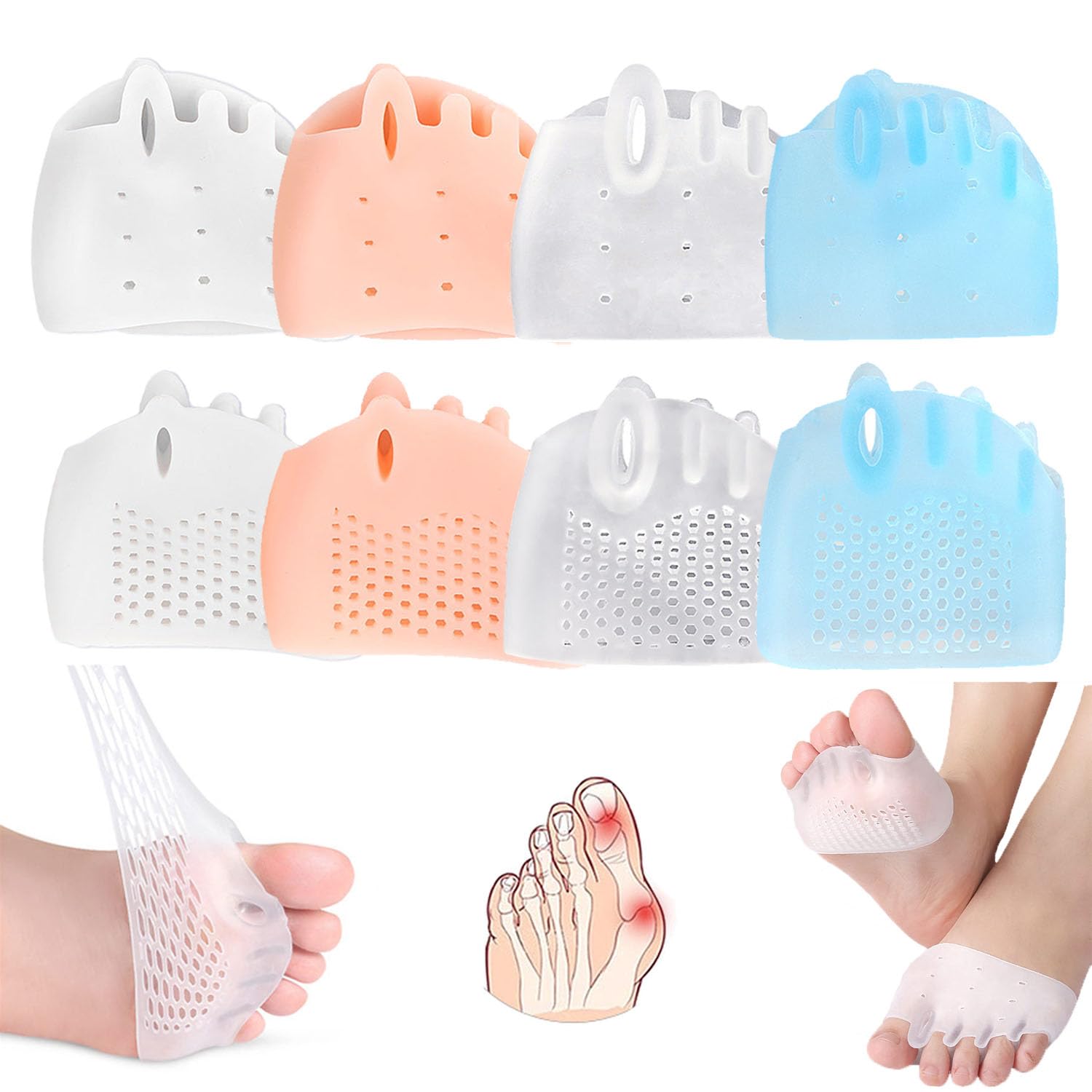 4 Pairs Metatarsal Pads, Gel Toe Separators with Soft Silicone