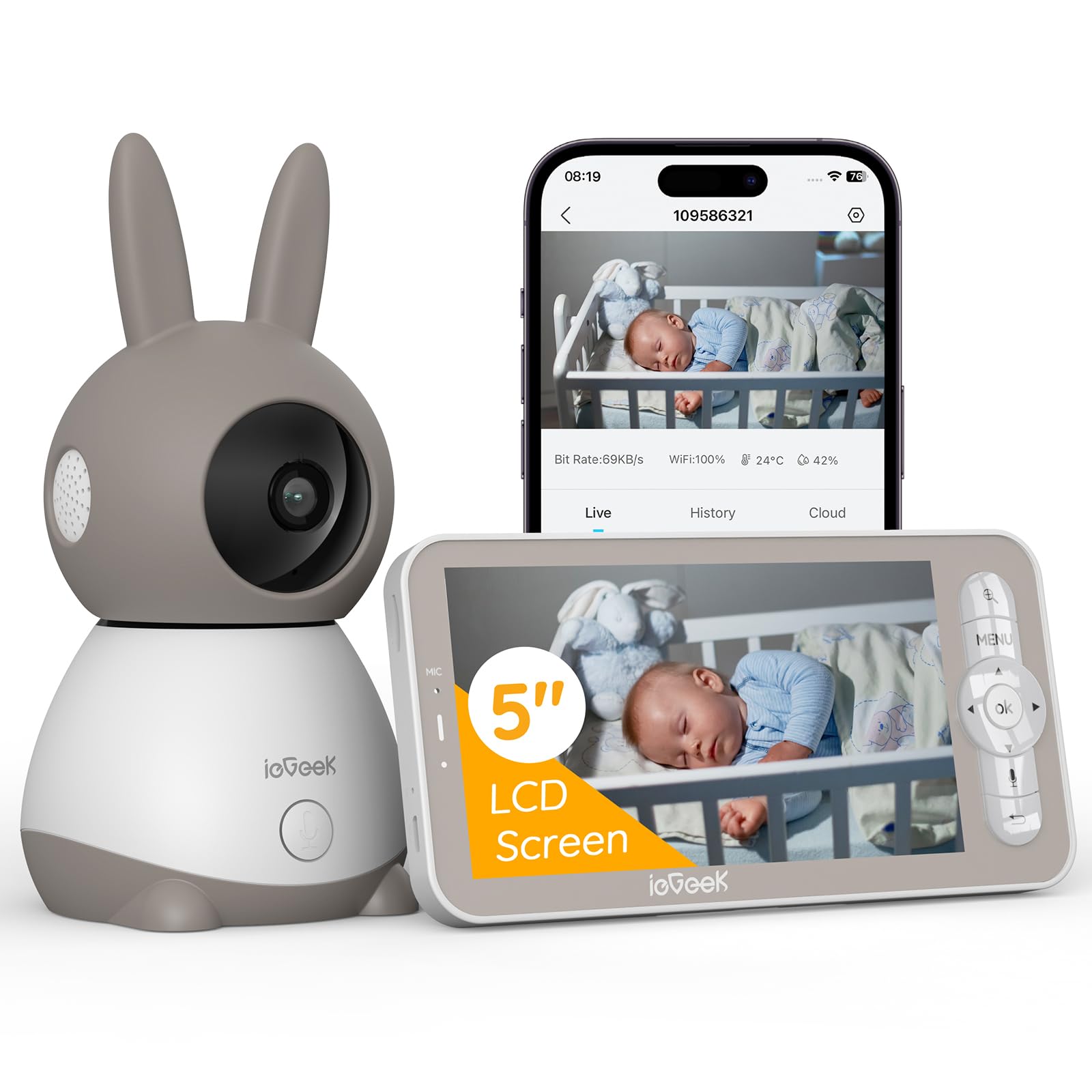 ieGeek 5” 2K/3MP Camara Vigilancia Bebe, 360° Vigilabebes con Camara con 5” Pantalla Dividible, Monitor con Audio 2 Vías, Automatic Tracking, Area Detection, Deteccion Ruido,Vox, para Recien Nacido
