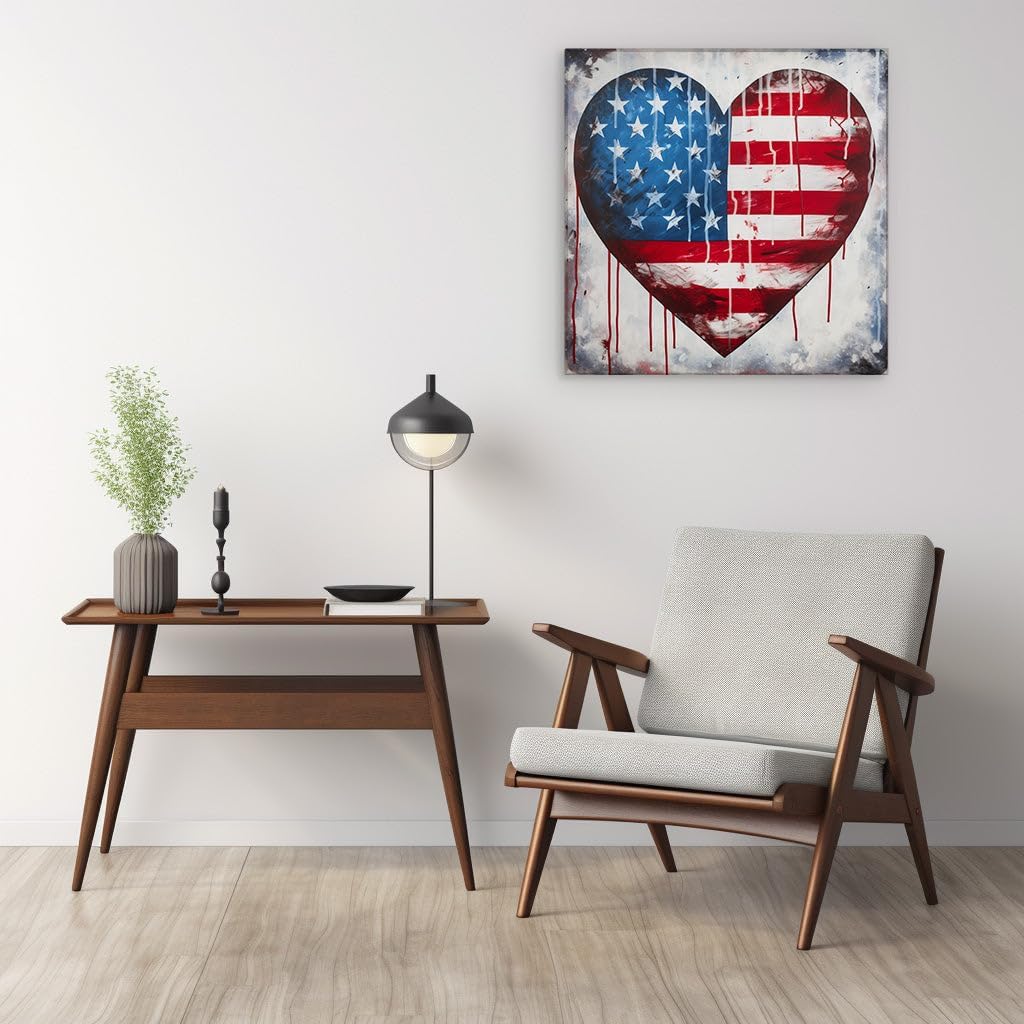 Canvas for Living room. Patriotic Passion: An Artistic Union of Heart and Homeland, 27 x 18 inch Canvas Wall Art - Ready to Hang - 69x46 cm (27x18 inch)