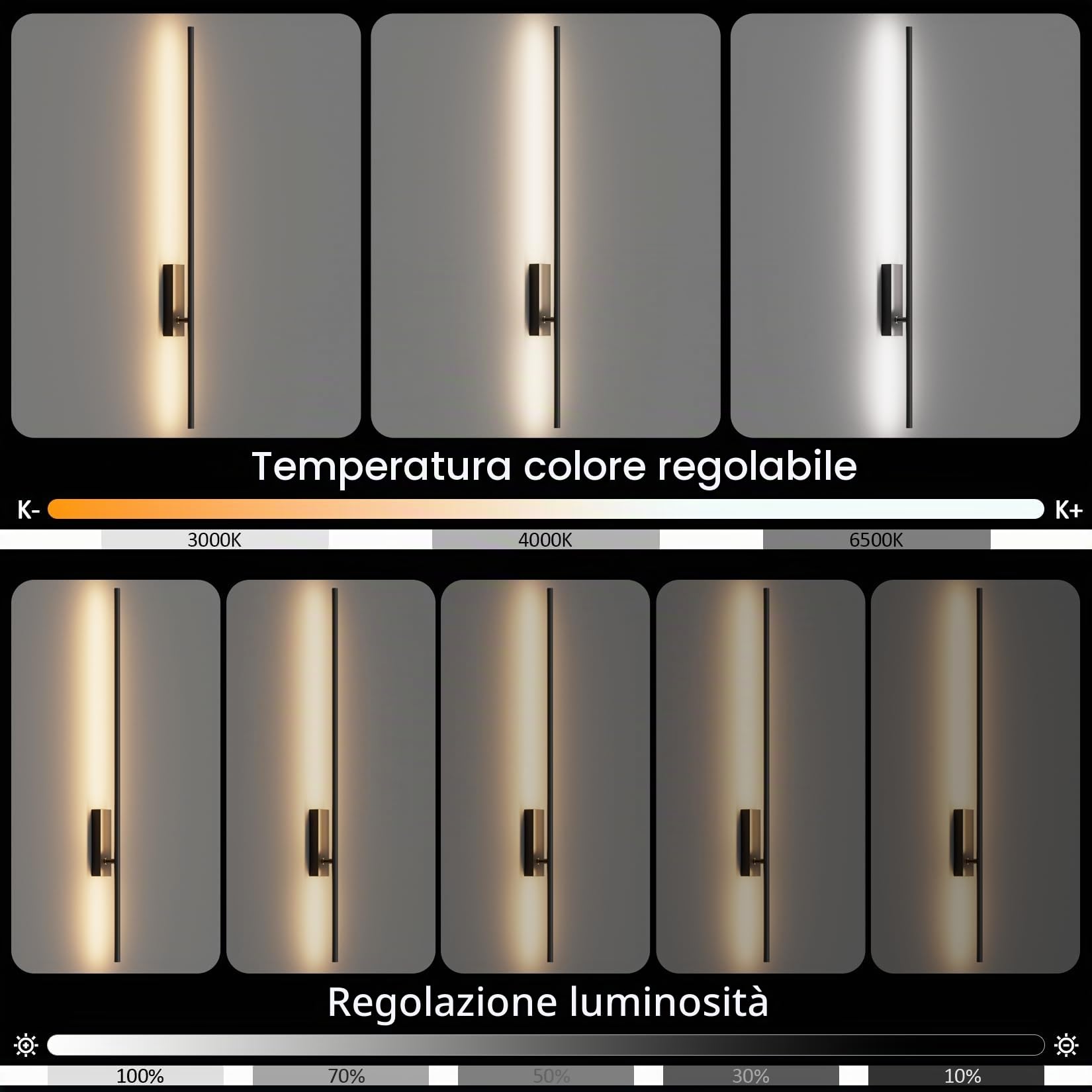 2 Lampade da Parete a LED con Telecomando Nero - 100 cm, 28 W, 3000K-6000K, con Funzioni di Regolazione dell'Intensità Luminosa e Temporizzazione, per Soggiorno, Camera da Letto, Corridoio