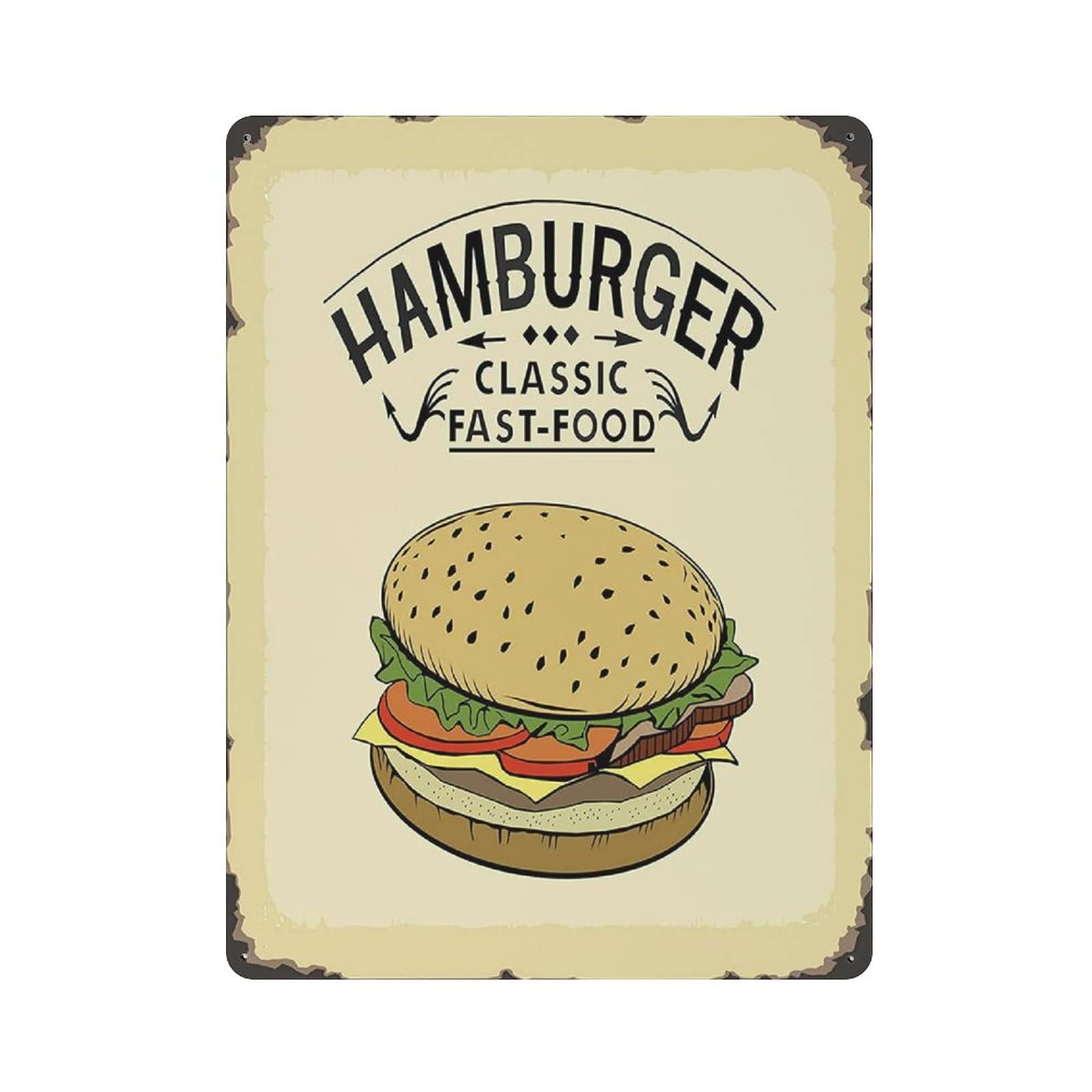 Metal Tin Sign Hamburger Classic Fast Food Tin Sign Metal Aluminum Sign Vintage Wall Decor Retro Poster for Bars Restaurants Cafes Pubs Home Decoration 16"x12"