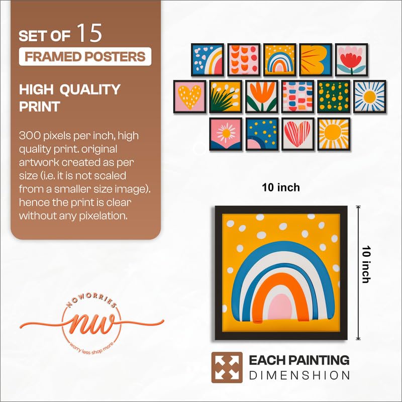 Image of NoWorries Colorful Abstract Wall Painting Set of 15 with Frame | Modern Rainbow, Heart, Sun, Floral & Geometric Art Prints for Kids Room, Nursery, Bedroom, Playroom, Living Room and Home Wall Decor (Art-4, Frame Size-10x10 inches)