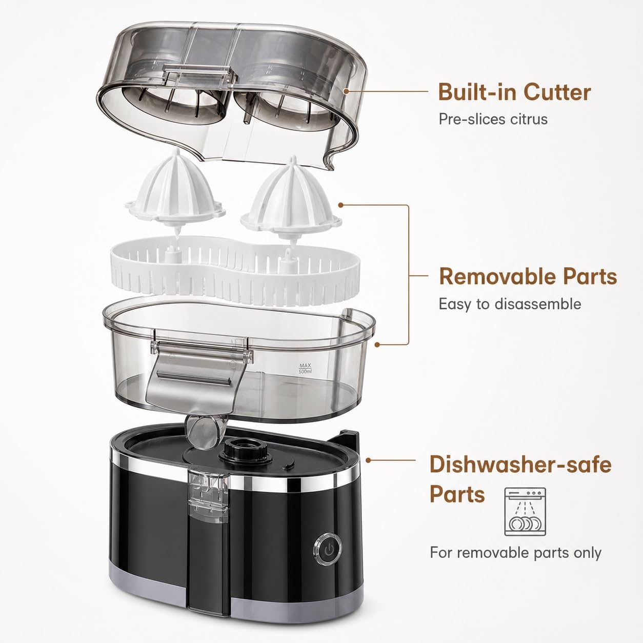 Exprimidor Eléctrico Doble de Cítricos, Prensa de Jugo de Naranja de 500 Ml | Acero Inoxidable, Desayunos Caseros, Prensa Doble, Cámara de 500 Ml, Tasa de Producción del 90 %, Piezas Aptas for Lavavajill
