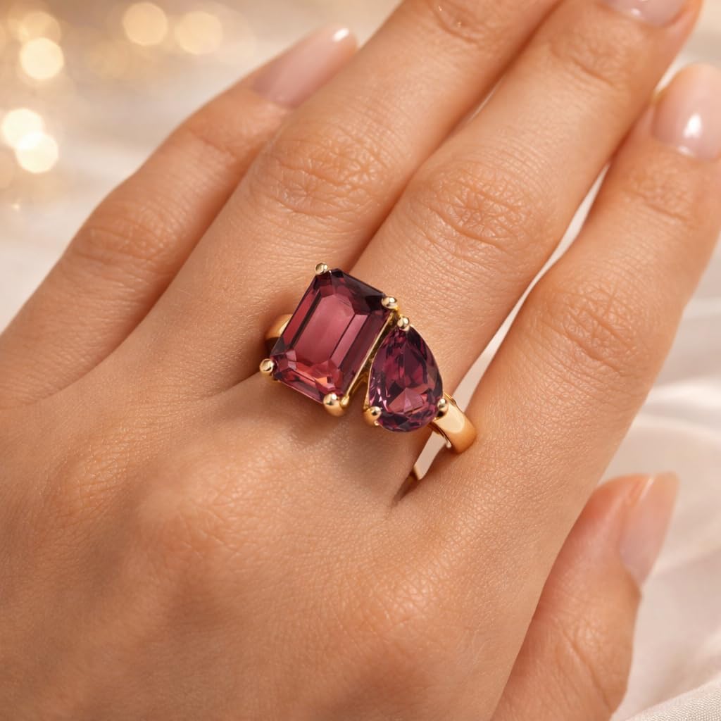 Two Stone Garnet Ring 18K Yellow Gold Emerald & Pear Cut Gemstone Ring Minimalist Bypass Ring Handmade Fine Jewelry Gift for Her