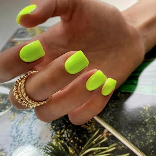 Neon Green Press On Nails Short Square, KXAMELIE Natural Gel