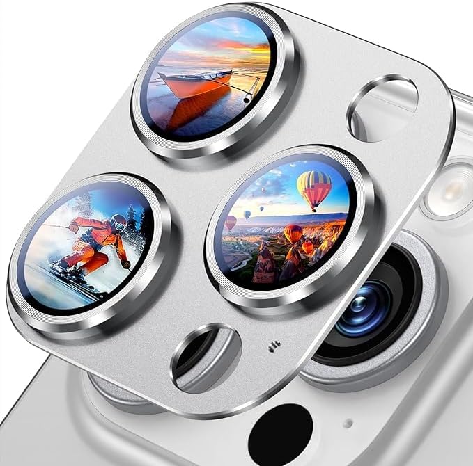 MAYABALLE® Aluminium Plate 3D Camera Lens Protector Compatible With iPhone 16 Pro/iPhone 16 Pro Max, [Anti-Scratch] Premium 9H Tempered Glass Film Aluminium Alloy 3D Full Lens Cover - White Titanium