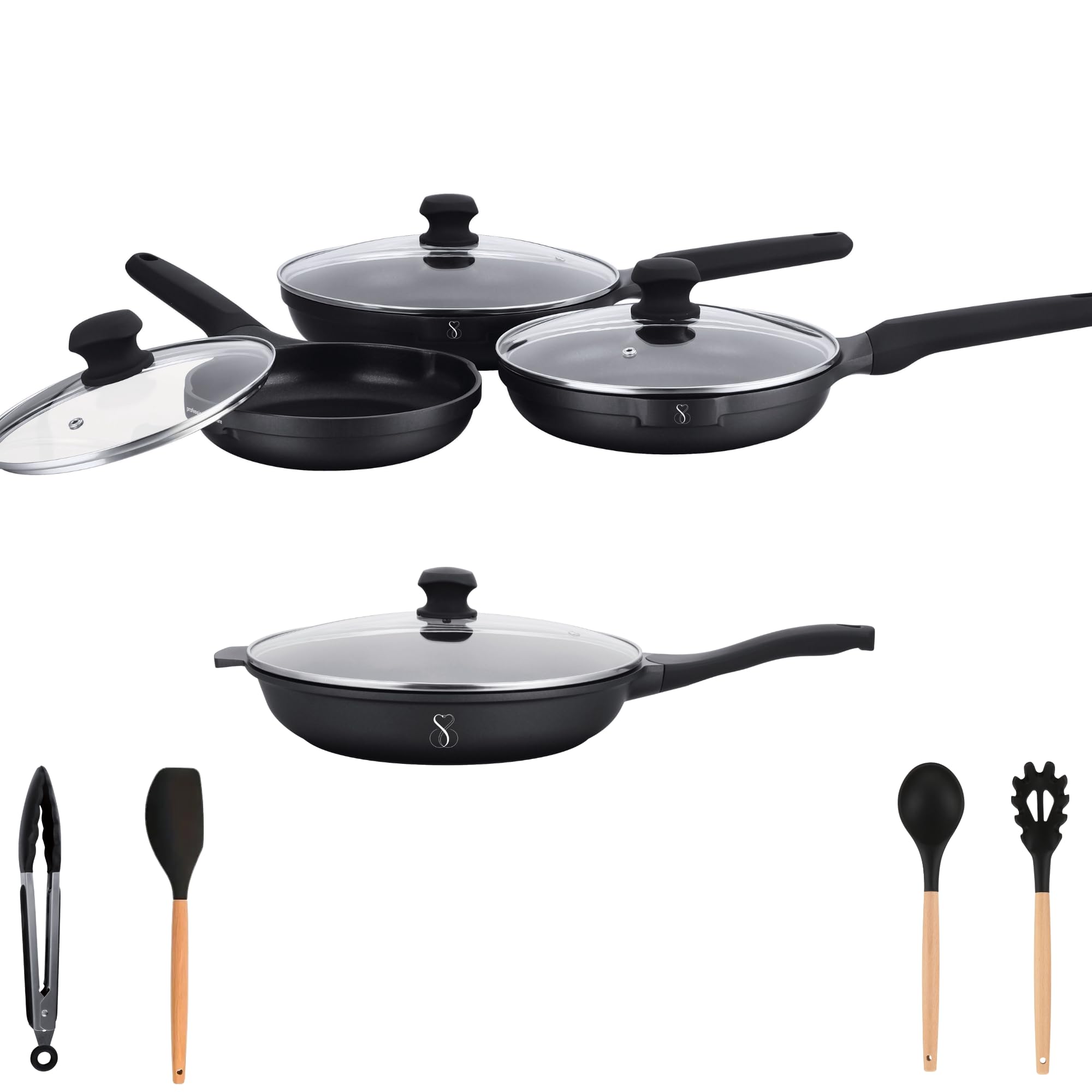 Stone&Stone Set 4 Padelle Antiaderenti 20cm/24cm/28cm/32cm, Batteria di Padelle Professionale, Induzione e Gas, Rivestimento Tedesco Super Antiaderente, Senza PFAS, PTFE e PFOA + 4 Coperchi 4 Utensili