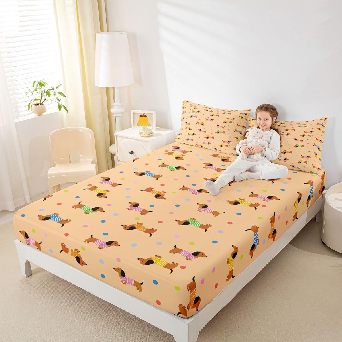 Manfei Sábana bajera ajustable de lunares tamaño King, juego de ropa de cama de perro kawaii de 3 piezas, sábanas de lunares lindos con 2 fundas de almohada, decoración de habitación de niños y niñas