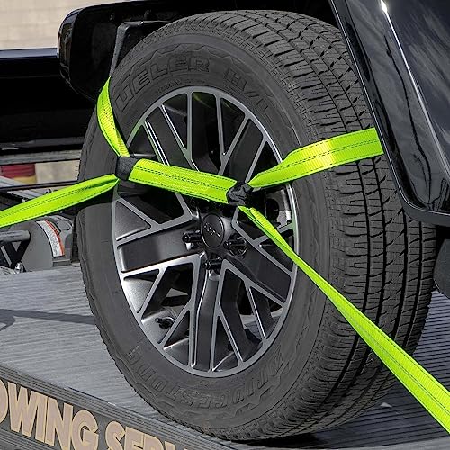 Vulcan 8-Point Vehicle Tie Down Kit With Snap Hook On Strap Ends And Chain Tail On Ratchet Ends - Set Of 4 - Reflective High-Viz #TOP3