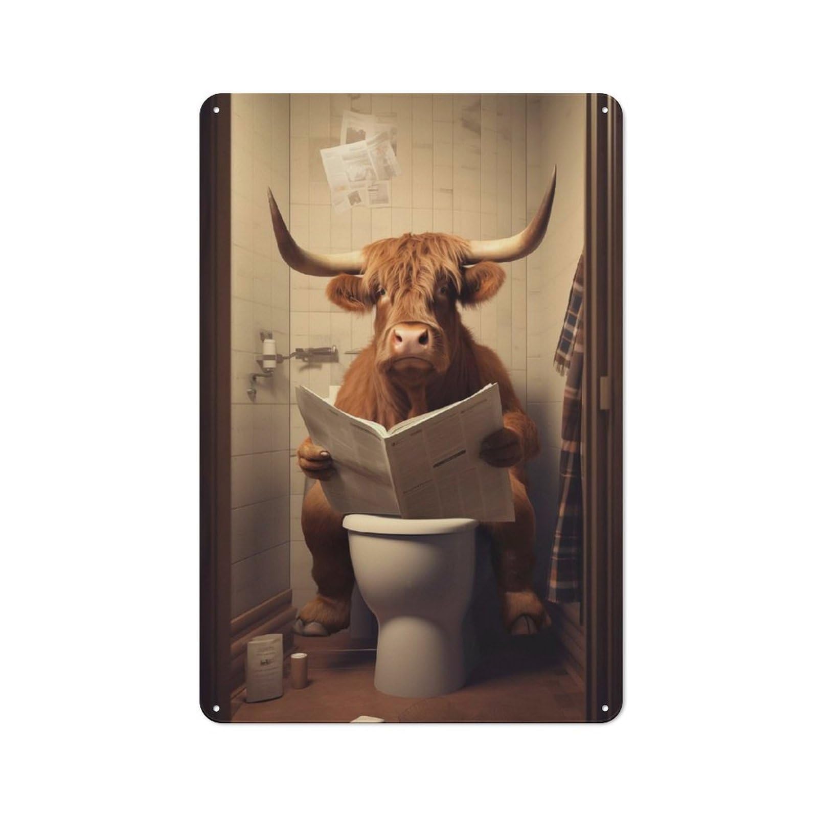 Junmoney Highland Cow On The Toilet Retro Decorative Tin Plaque 30X20cm Featuring Novelty Wall Art For Bedroom, Kitchen, Office Or Living Room