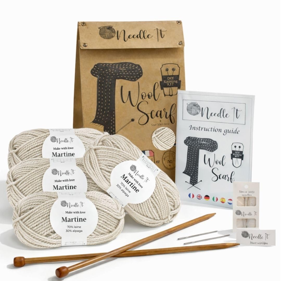 Kit Tricot Écharpe Débutant Écru - Aiguilles et Laine Incluses