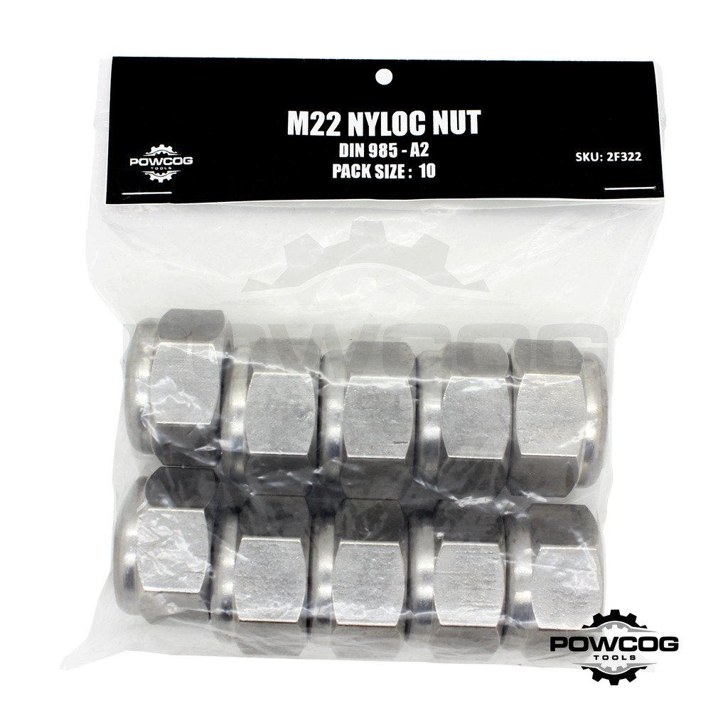 Powcog M22 Nyloc Nut - A2 Stainless Steel Lock Nuts Grade 304 Metric - Din 985 - By Powcog® - Pack Of 10