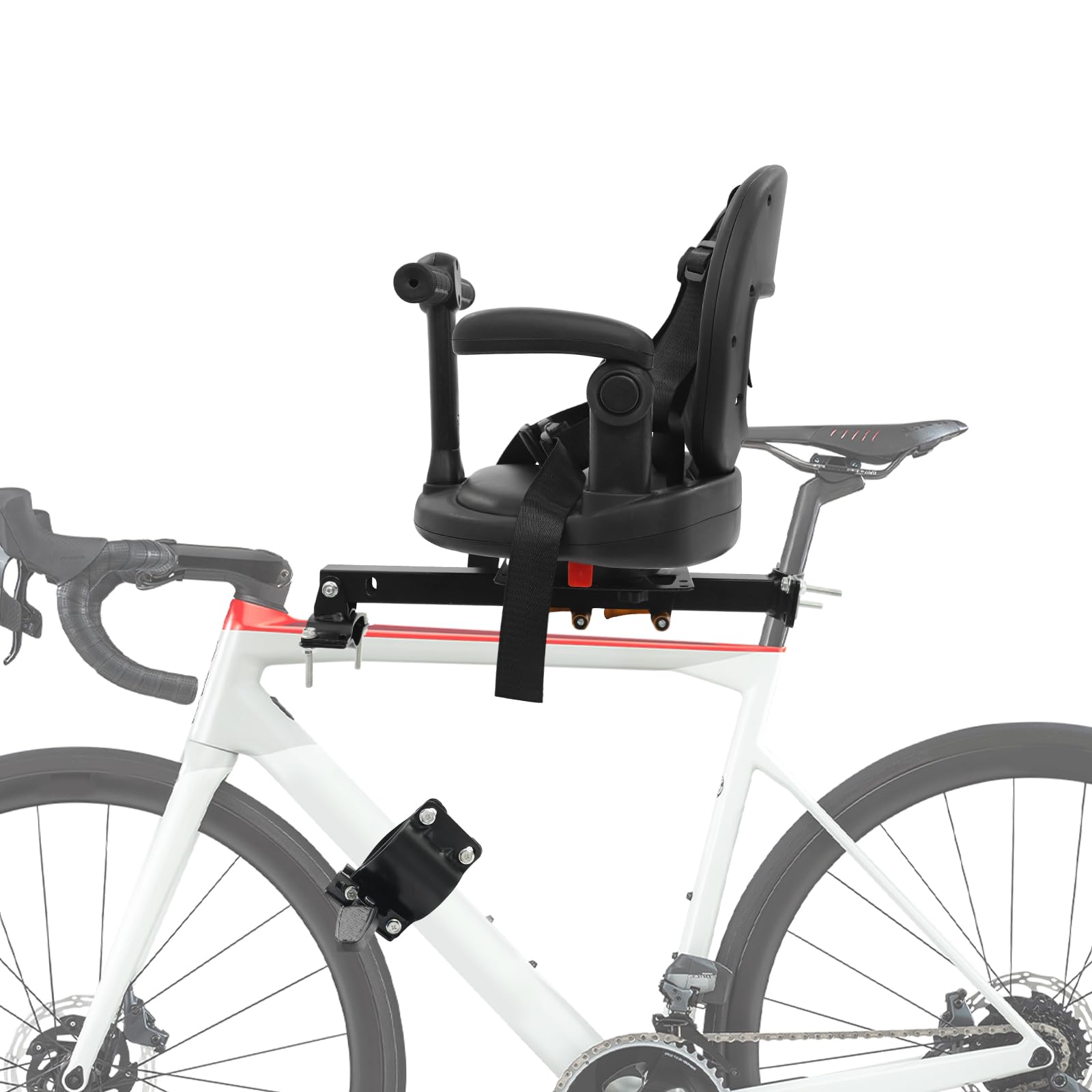 Seggiolino anteriore per bicicletta per bambini, girevole a 360°, con poggiapiedi pieghevole e manico per guardrail, universale, colore nero