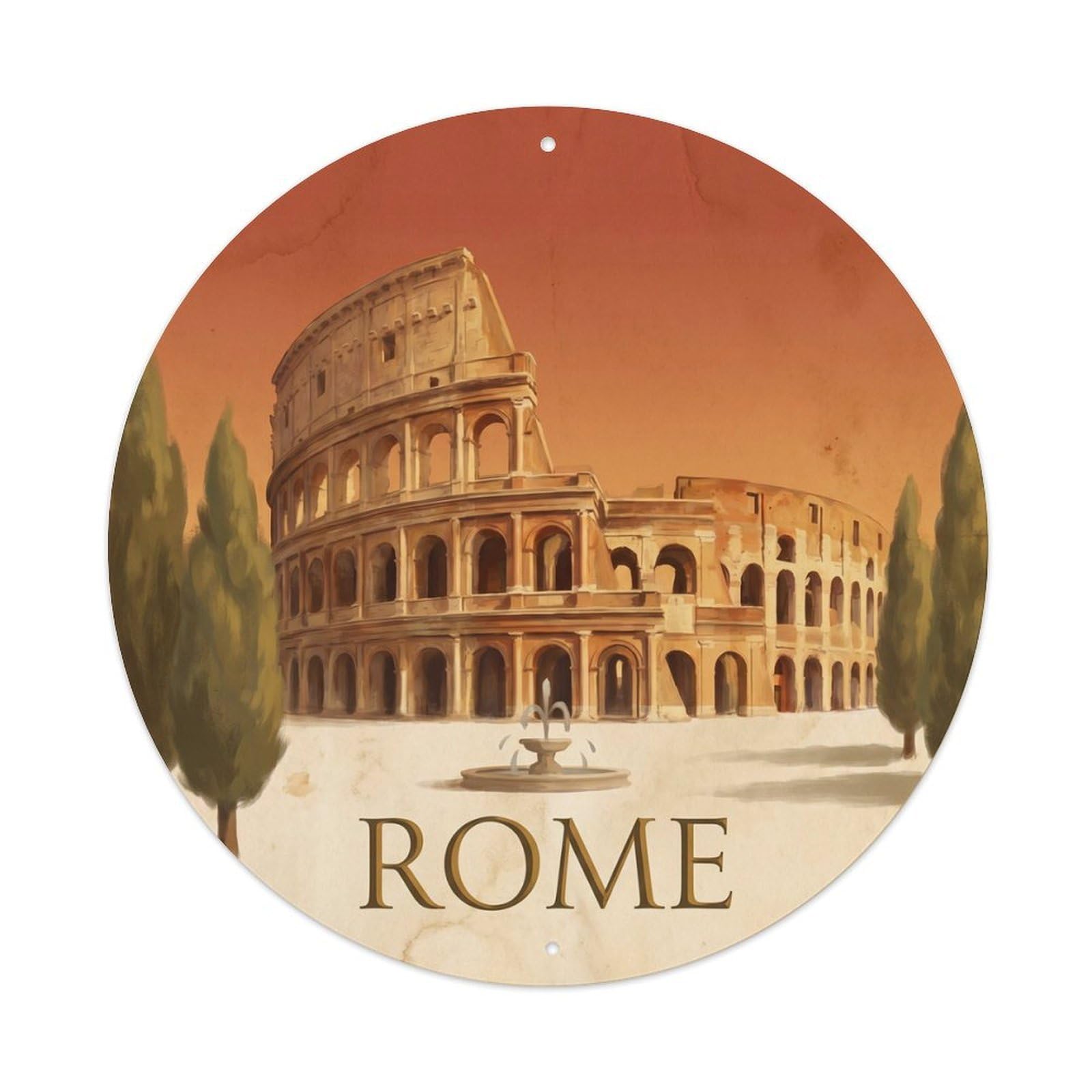 Rome Classic City Map Vintage Travel Colosseum Landmark Metal Tin Sign Plaque Wall Decor for Cafe, Man Cave, Club Bar, Office, Home Garden Round Metal Poster 8x8Inch