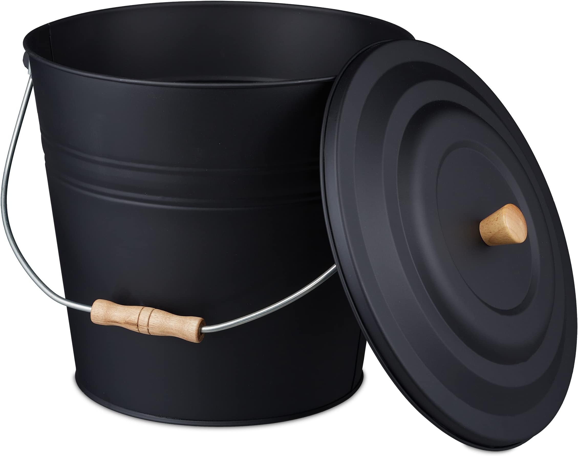 Relaxdays Ash Bucket with Lid, 12l, Charcoal Bin with Handle, Round, Fireplace/Stove/Barbecue, HWD: 32x35.5x33 cm, Black, Steel