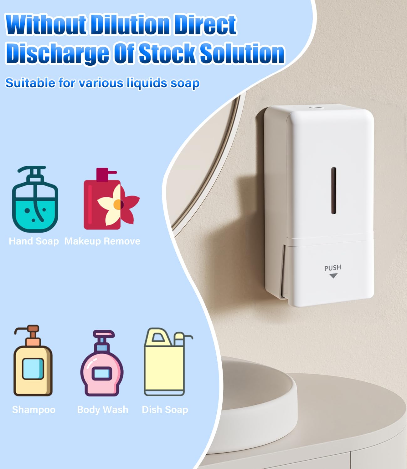 Dispenser Sapone Bagno, Dispenser Sapone Bagno a Muro Ideale per Bagni Commerciali, da Utilizzare con Disinfettanti e Saponi per le Mani, ABS Bianco 800ML Grande Capacità