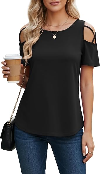 NILOUFO Cold Shoulder Tops for Women Summer Short Sleeve Blouses 1-3 Pack
