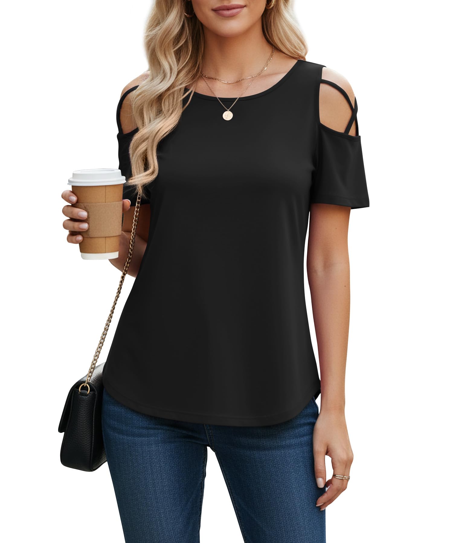 Cold Shoulder Tops for Women Short Sleeve T Shirts Summer Dressy Casual Blouses Strappy Tunics Loose Fit Soft