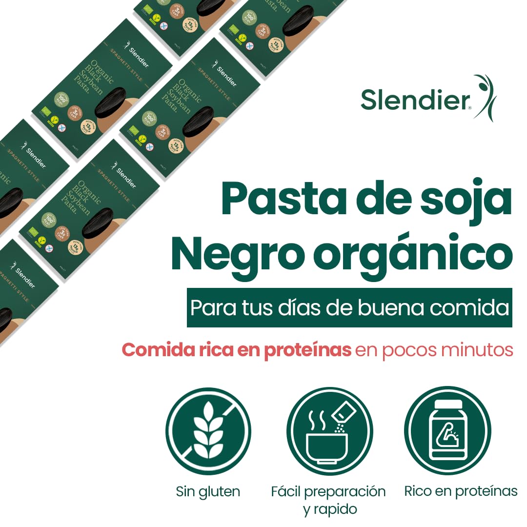 Slendier - Espaguetis de soja negra orgánicos | Pasta de soja negra | Vegana y sin gluten | Alta en proteínas y baja en carbohidratos | Sin aditivos | Proteína vegetal | Cetogénica