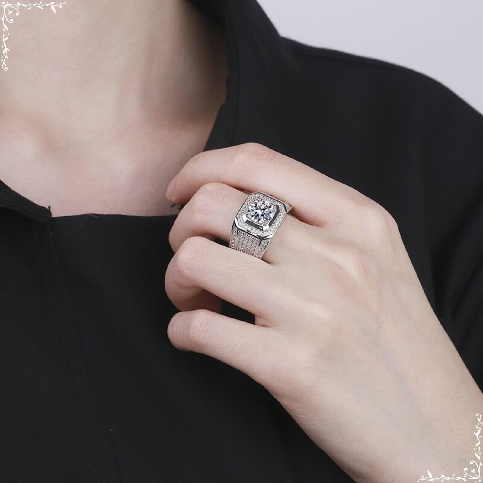 Wycian Anillo para hombre de oro blanco y mujer, plata de ley 9 K, moissanita, banda ancha con cuatro garras, tamaño 54 (17,2), moderno para madre Acción de Gracias personalizado