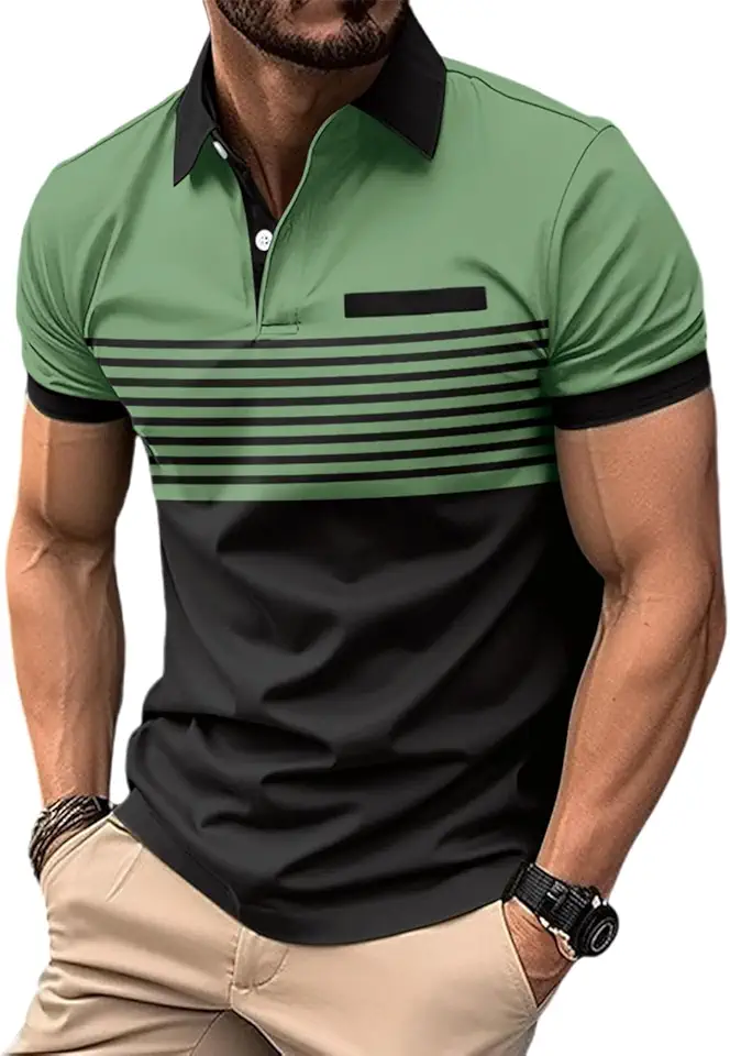 Envmb Men's Casual Polo Shirts Short Sleeve Fashion Golf Shirt Classic Striped Slim Fit T-Shirts
