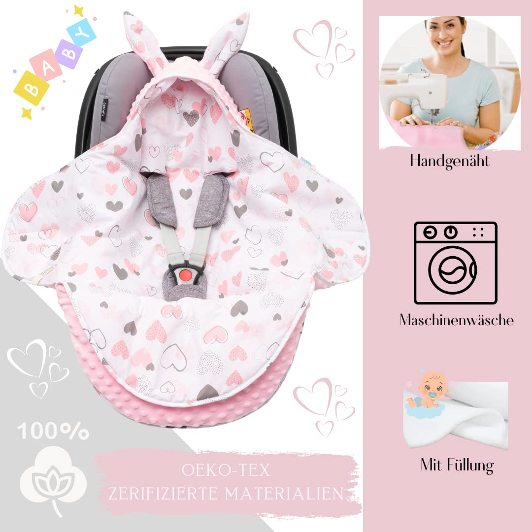 Mikos* Einschlagdecke für Babyschale Winter Kinderwagendecke, Fußsack Neugeborenes und Baby - Soft Minky und 100% Baumwolle, mit Füllung Kinderwagen Buggys z.B.Maxi Cosi 3 Punkt Gurt (37) (Rosa)
