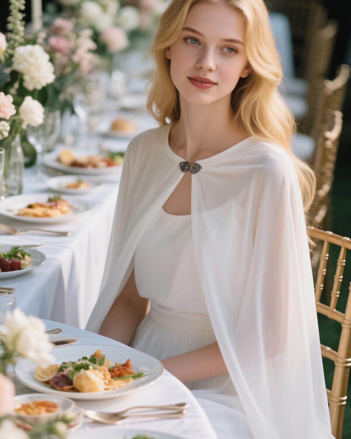 Joukavor Elegant Chiffon Cape with Heart Clasp for Women Wedding Bridal Halloween Cosplay - Image 5