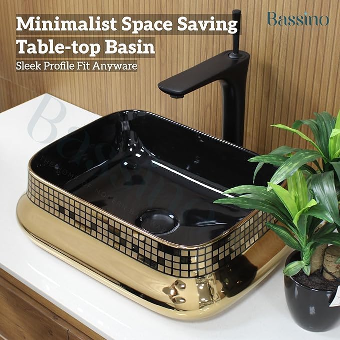 Image of BASSINO 18x14x6 Inches Ceramic Counter Top Wash Basin /1 Year Warranty /Black & Gold Basin for Bathroom /Rectangular Shape Tabletop Washbasin for Restaurant /Dining Hall /Living Room /Home(Glossy)