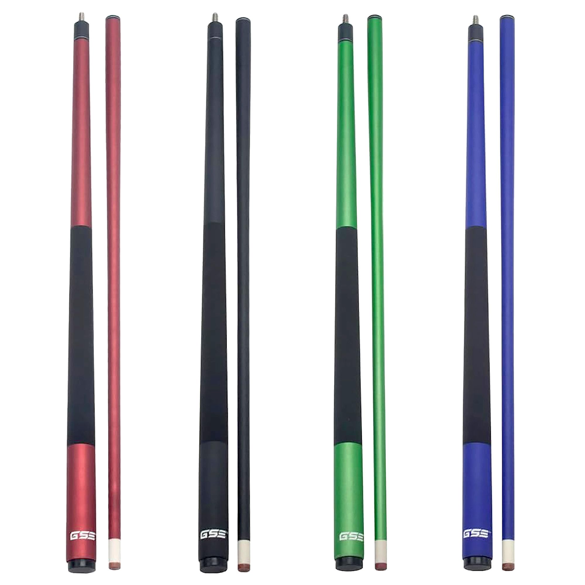 GSE Games & Sports Expert 58" 2-Piece Fiberglass Graphite Composite Billiard Pool Cue Sticks, Set of 4, 18/19/20/21oz, Matte Finish, Red, Green, Blue, Black