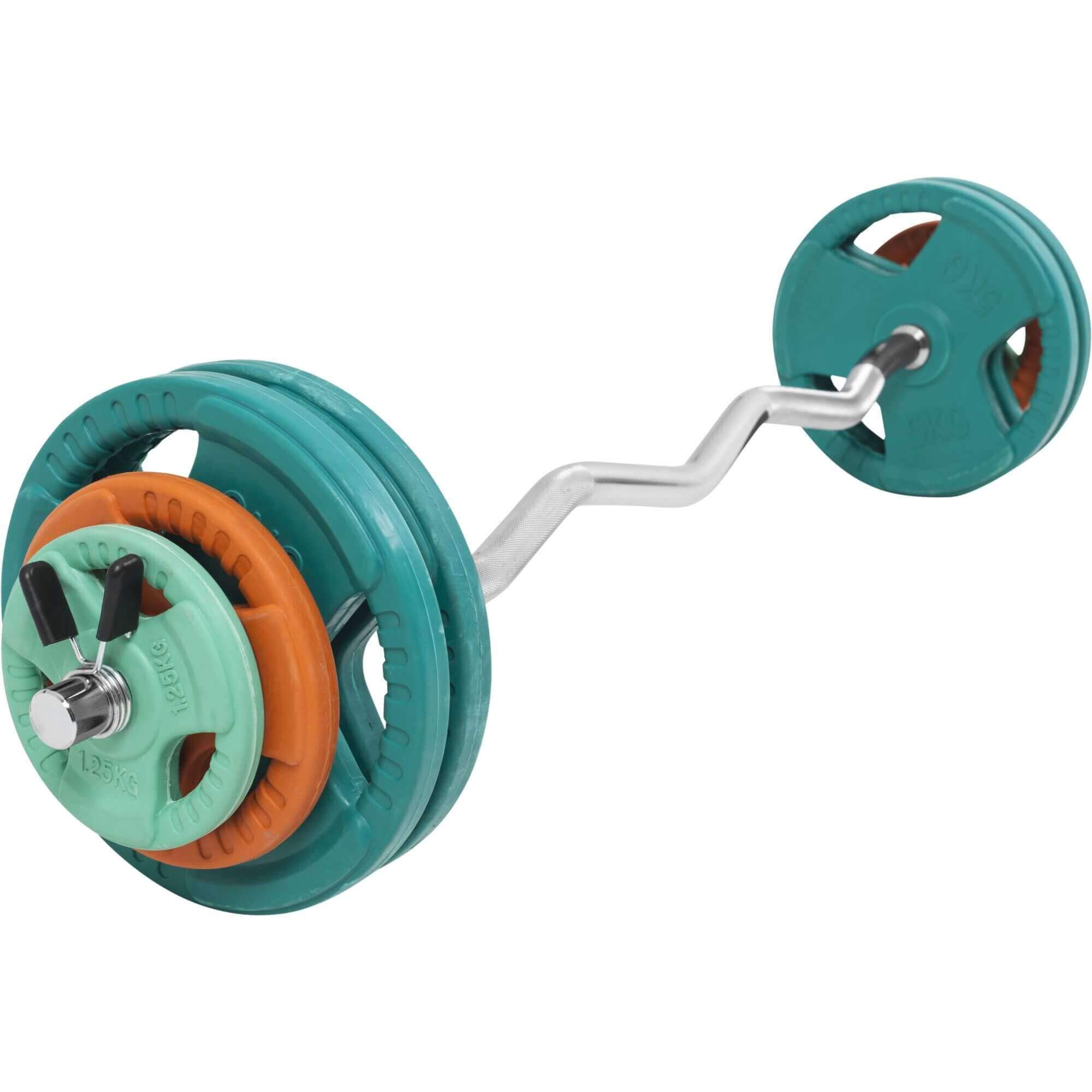 GORILLA SPORTS® Hantelset 35 kg mit SZ-Curlstange 120 cm, 30 mm, verchromt | 8 gummierte Gusseisen-Hantelscheiben, gerändelte Griffe und 2 Feder-/Sternverschlüsse, bodenschonend und rutschfest